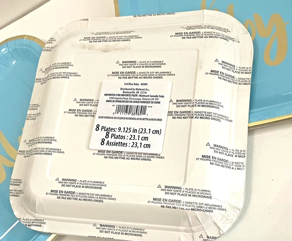 OH BABY 8ct 9 pol. Pratos de papel azul chá de bebê menino letras douradas lote de 3 NOVO - Imagem 2 de 2
