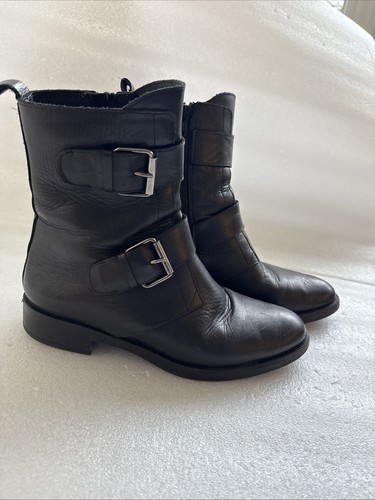 Emanuele Crasto Women's black Leather Double Buckle Italian Combat Boots 39 EU 9 - Picture 7 of 14
