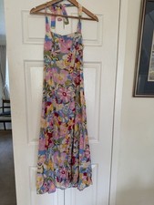 Zara pink floral tie neck halter summer maxi dress linen blend size m medium