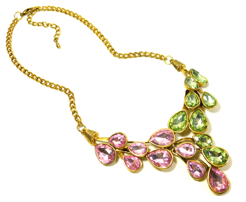 Vintage Rose Pink & Peridot Green Glass Teardrop Leaf Cluster Statement Necklace - Picture 3 of 7