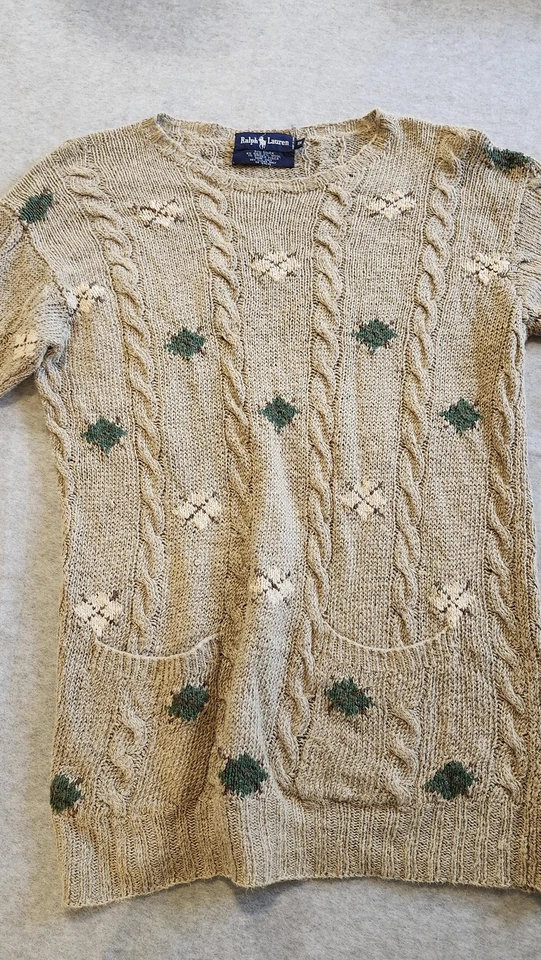 Suéter feminino vintage Ralph Lauren pequeno linho mistura de seda estampas de malha de cabo - Imagem 3 de 4