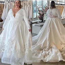 Plus Size Wedding Dresses Lace Applique A Line V Neck Long Sleeves Beach Gowns