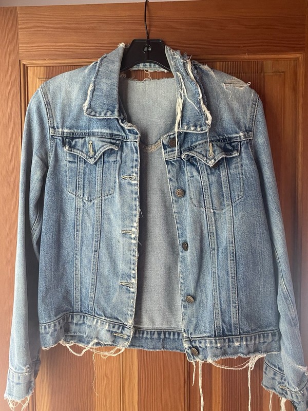 Earl Jeans Women’s Blue Denim Jacket S Short Distressed Fringe Button Collared