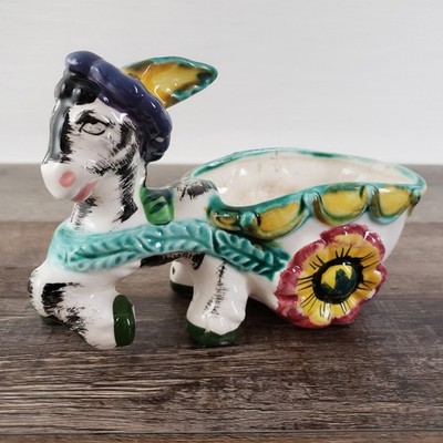 Italian Art Pottery Donkey Pulling Cart Planter Flower Pot Tuscan Ceramic VTG