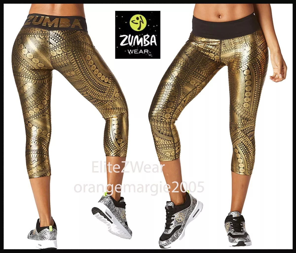 Zumba All Night Capri Crop Leggings Black w Gold Foil Metallic EliteZW  S,M,L,XL