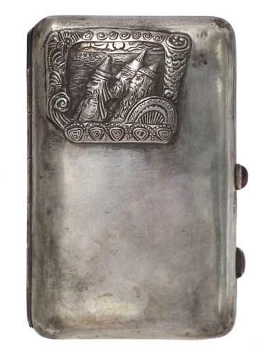 A RUSSIAN 84 SILVER CIGARETTE CASE WITH  AMETHYST BUTTON BY SAZIKOV - Picture 1 of 11