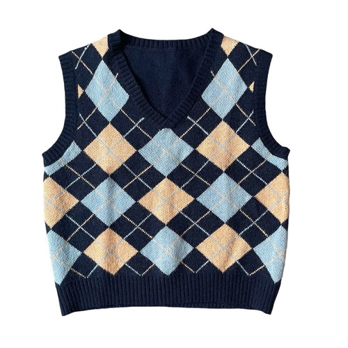 Shein OS/S Navy Blue Tan Argyle V-Neck Sleeveless Sweater Vest