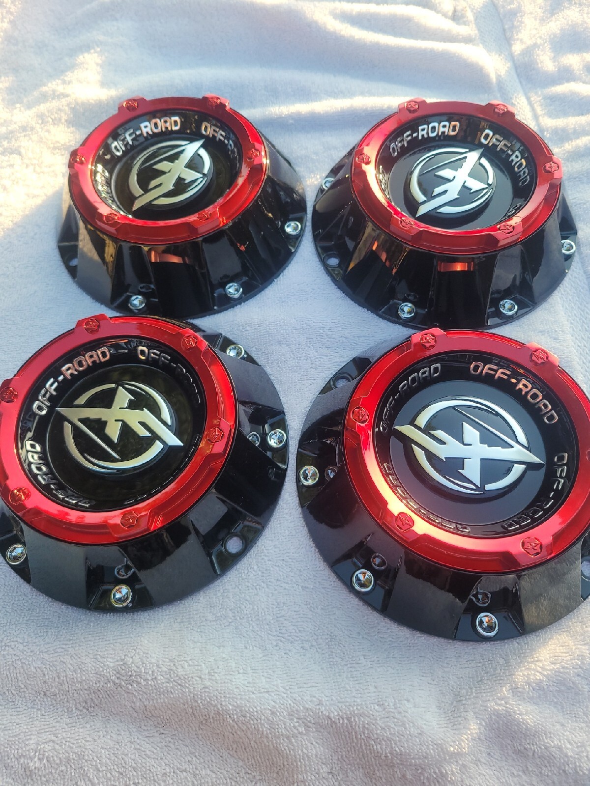 XF OFFROAD Gloss Black and red Wheel Center Caps C9692 Set Of 4