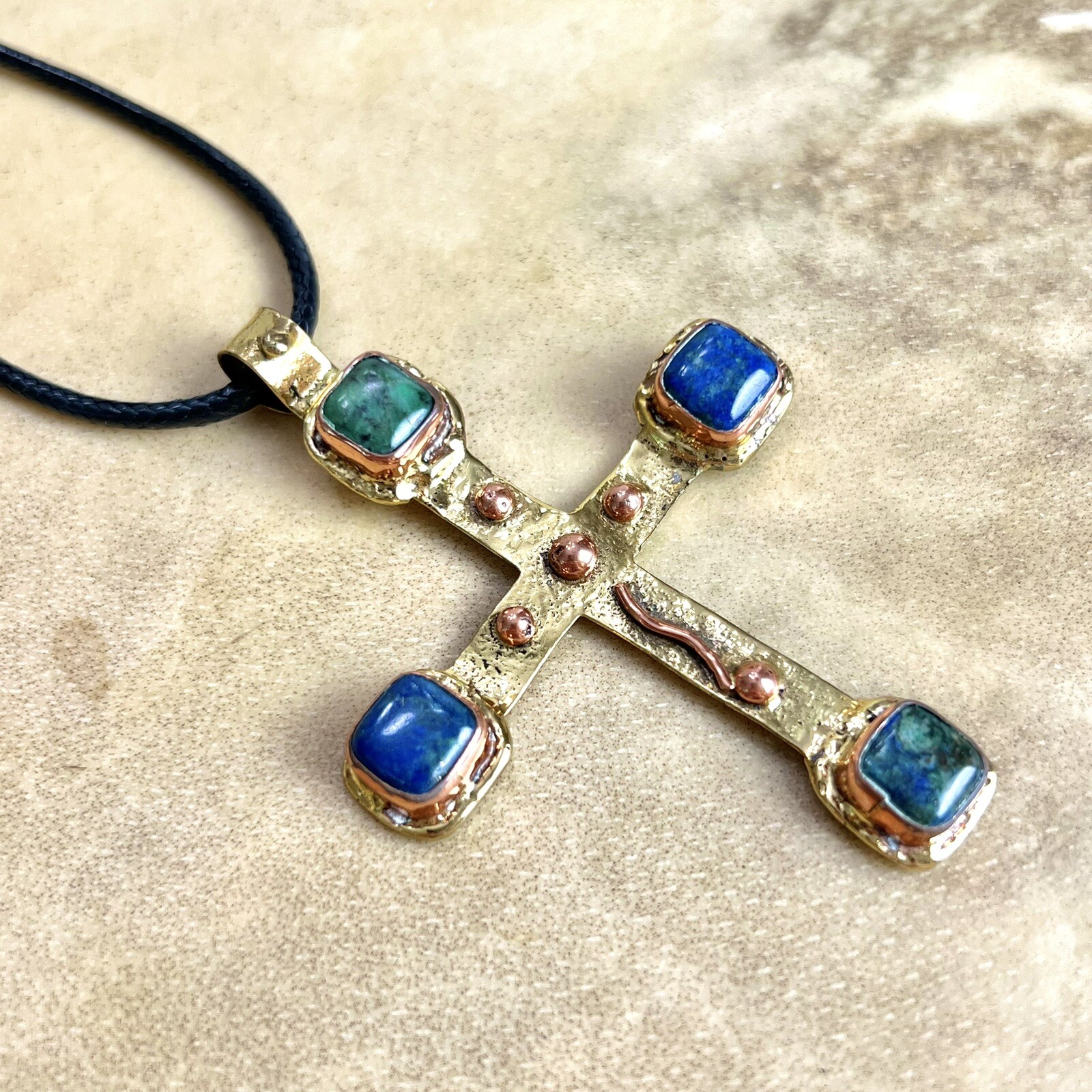 Large Cross Statement Necklace - Malachite & Azur… - image 10