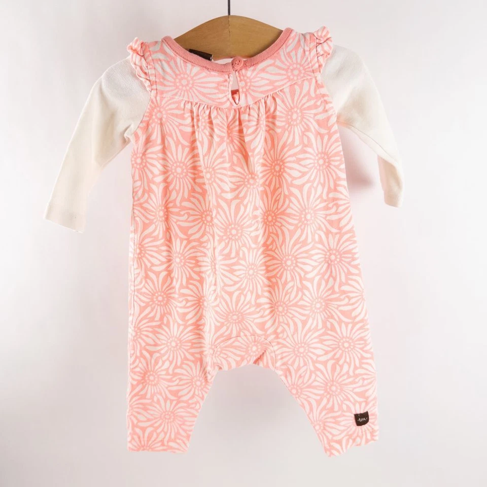 Tea Collection Floral Print Layered Long Sleeve Cotton Romper Pink White Sz 0-3m - Image 4 of 4