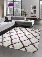 Shaggy Teppich Wohnzimmerteppich Hochflor Langflor Rauten Creme Lila