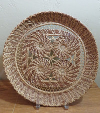 Vintage Antique Woven Pine Needle Basket Tray Wheat Pattern 11.25  