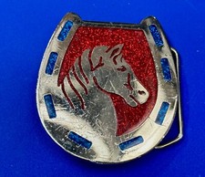 Horse Head In Lucky Horseshoe - Enamel Filled Vintage 70'S Colorful Belt Buckle
