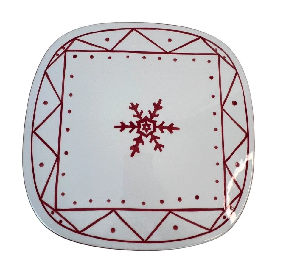 Red & White Snowflake Christmas Tree Pedestal Cake Stand Square 12" x 4" - Image 3 of 4