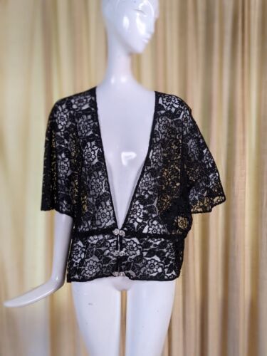 ANTIQUE 1930’S BLACK FLORAL SILK LACE JACKET W CA… - image 1