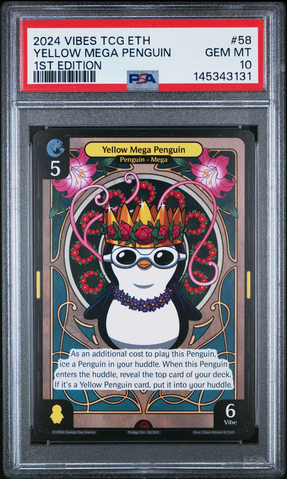 Yellow Mega Penguin #58 Vibes Enter the Huddle trading card — raw and PSA graded price guide