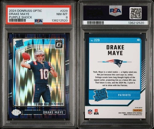 2024 DONRUSS OPTIC PURPLE SHOCK DRAKE MAYE RC # 229 PSA 8 NM-MT PATRIOTS