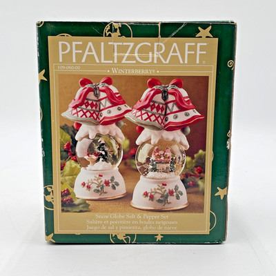 Pfaltzgraff Winterberry Snow Globe Salt & Pepper Shaker Set With Box Bells Holly