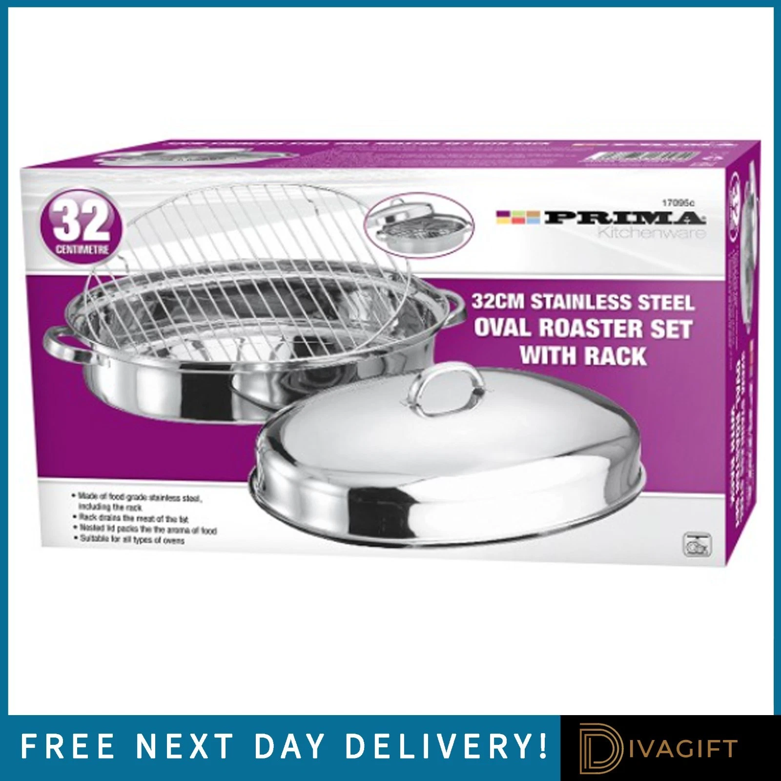 PRIMA 32CM STAINLESS STEEL ROASTING TRAY PAN SET LID OVAL KITCHEN COOKING BAKING