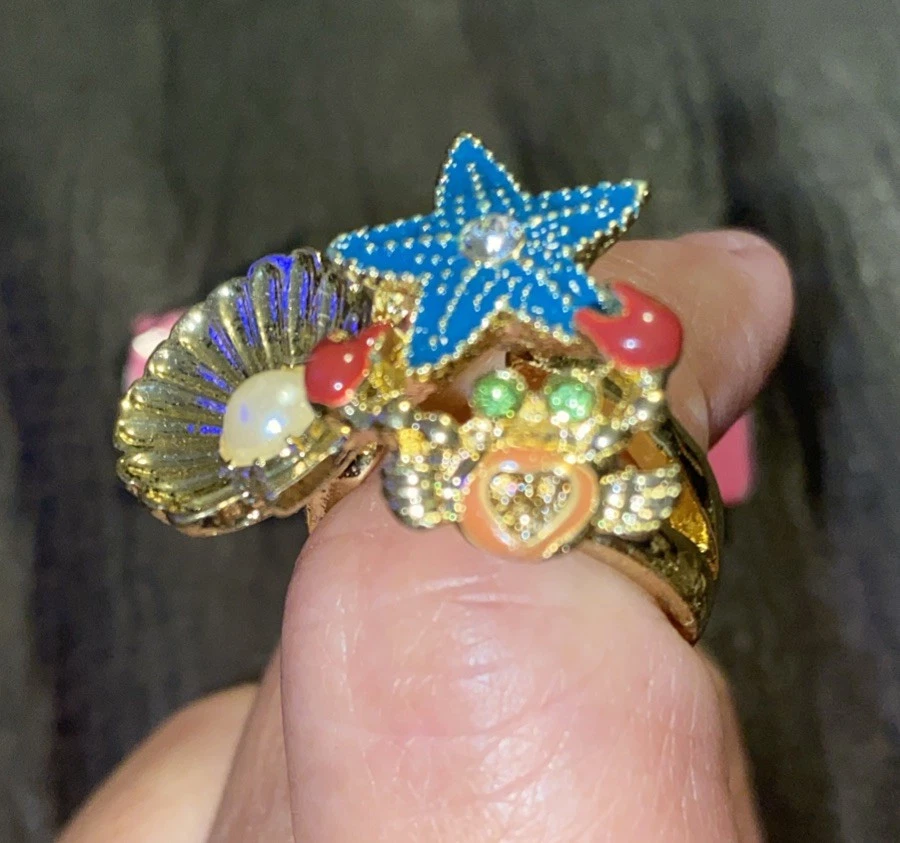 Anillo Betsey Johnson Playa Cangrejo Mar Estrella de Mar Imitación Perla Estrás Tono Dorado Foto 3 de 4
