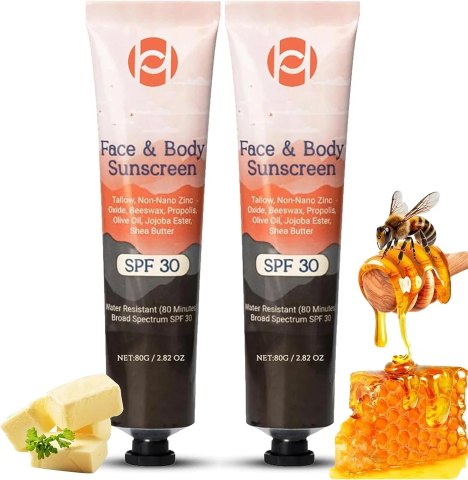 TBEAUTFAVE 2PCS Beef Tallow Sun Screen SPF 30, Natural Mineral Sunscreen SPF 30 - Natural