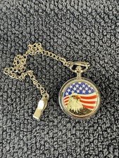 American Eagle United State Flag Pocket Watch Silver Tone New Battery