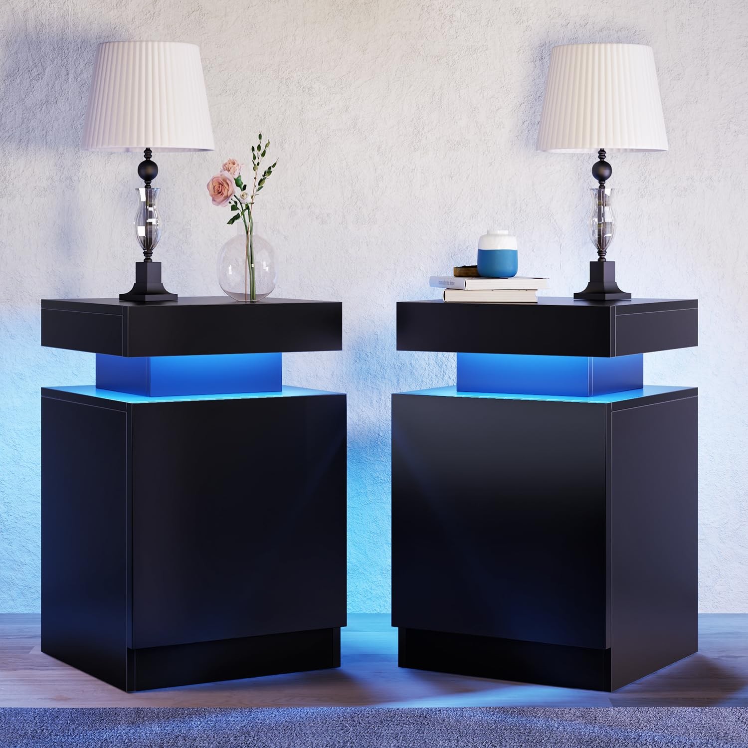 2-Tier LED Nightstand Set with Storage Cabinet for Bedroom-image