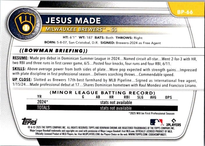 2025 Bowman #BP-66 Jesus Made Prospects