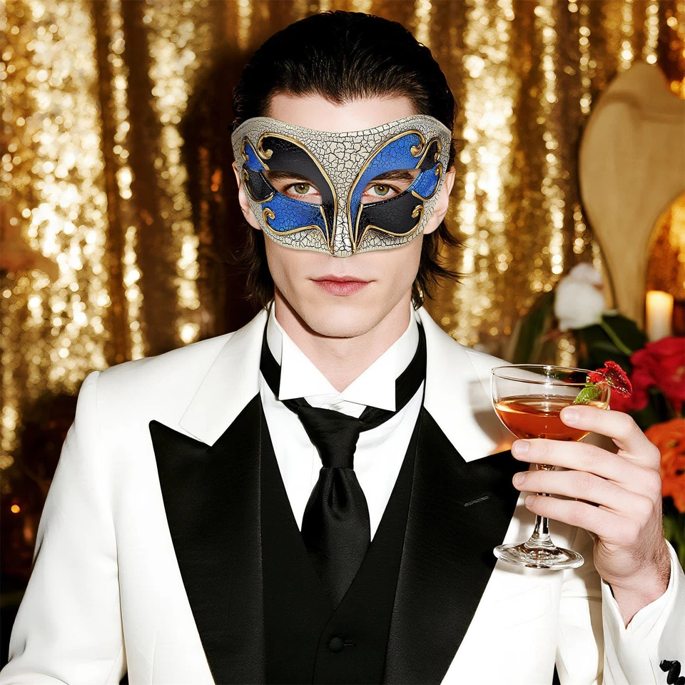 Retro Men's Venetian Half-Face Crackled Flat Mask Costume Masquerade Party Mask - Image 4 of 4