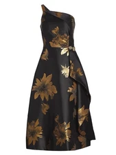 Teri Jon By Rickie Freeman Metallic Jacquard Mid Length Side Drape Dress -Size 6