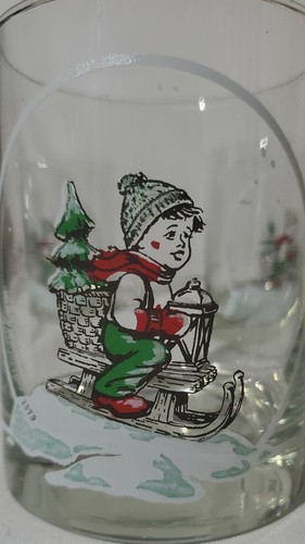 Vintage Christmas Drinking Glasses/tumblers. Set of 4. 8oz. Boy sled tree. EUC. - Picture 2 of 5
