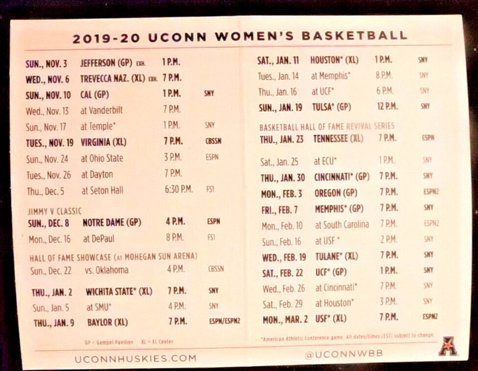2019-20/2022-23/2023-24 - UCONN HUSKIES MUJER PELOTA BOLSILLO HORARIOS CASI NUEVO ÚLTIMO 1 Foto 3 de 4
