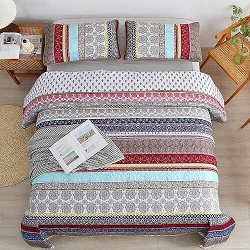 Oli Anderson Set copripiumino trapuntato per letto queen size, morbido e leggero, per tutte le stagioni, 3 pezzi, ricamo bohémien, shabby chic (beige, matrimoniale, 228 x 228 cm