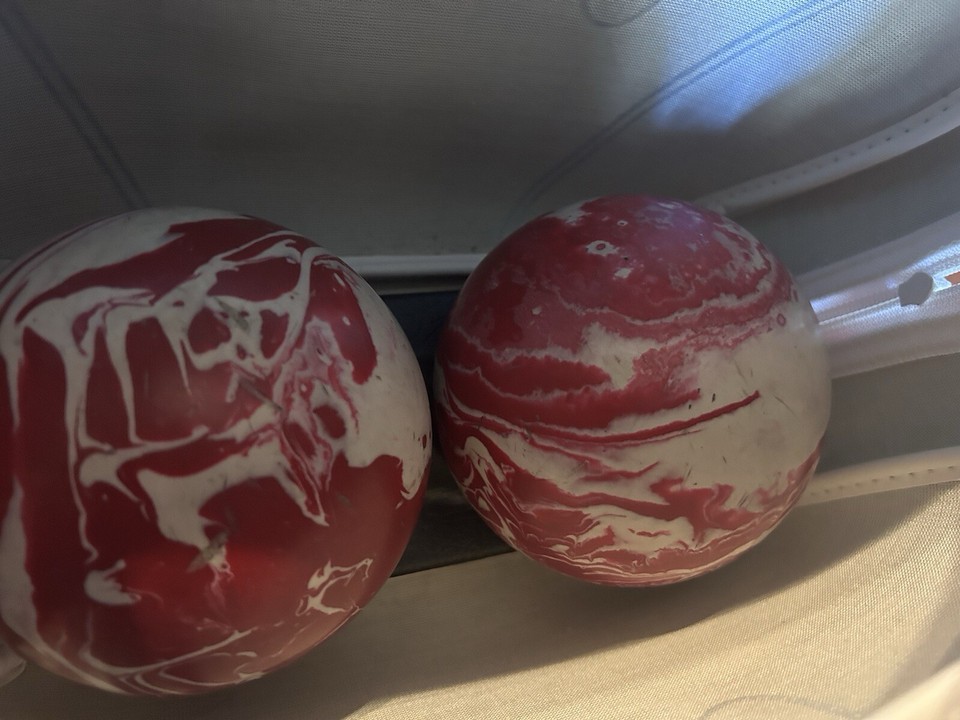 Vintage Duckpin Bowling Balls Pink & Cream 3lb10oz With Blue/white