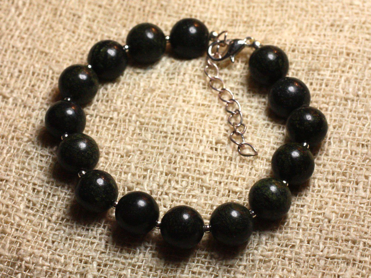 Bracelet en pierre Serpentine 10mm véritable et fermoir en Argent 925 certifié