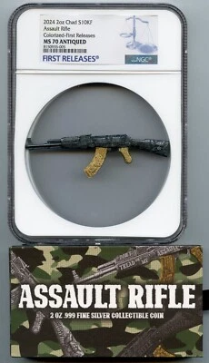 2024 Assault Rifle 2 Oz Silver Black Gold Gilt NGC MS70 Antiqued Chad Coin JR085 - Image 1 of 3