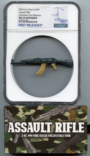 2024 Assault Rifle 2 Oz Silver Black Gold Gilt NGC MS70 Antiqued Chad Coin JR085
