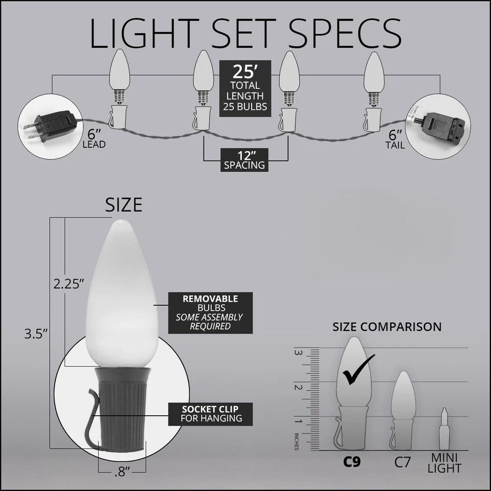 OptiCore C9 Commercial LED Shatterproof Christmas Lights, White Wire 25ft - Image 3 of 4