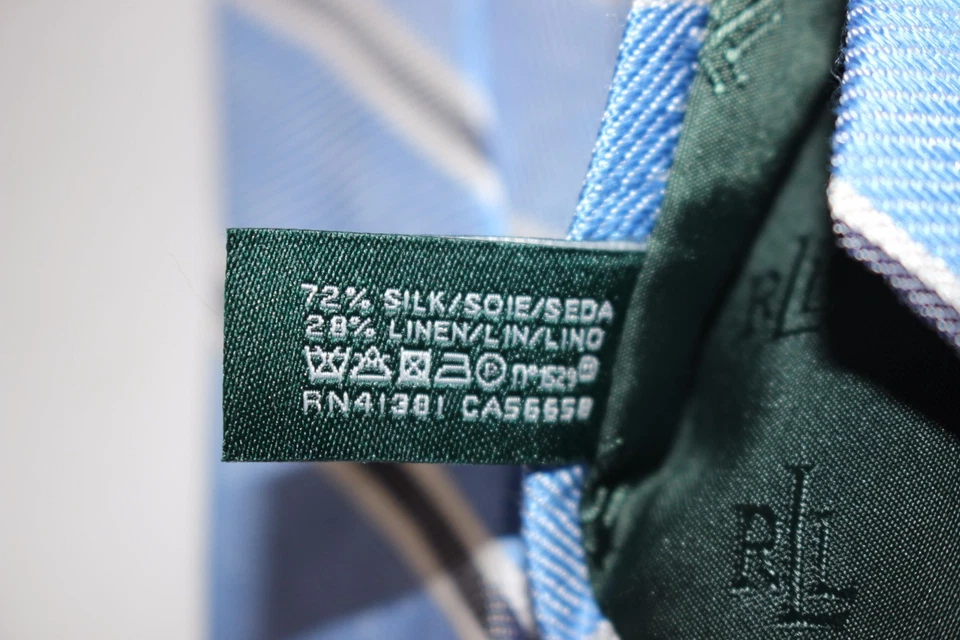 NUEVA CORBATA RALPH LAUREN para hombre a rayas azul claro negra seda/lino clásica $65 Foto 4 de 4