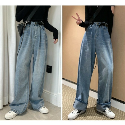 Donna Jeans Denim Pantaloni Larga a Zampa Gamba Larga Cintura Vita Alta  Sbiadito | eBay