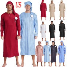 US Men's Striped Robe Button Up Long Sleeve Kaftan Thobe Long Gown Nightshirt
