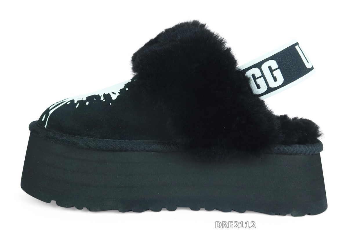 UGG Funkette Valentine Black Suede Fur Platform Slippers Womens