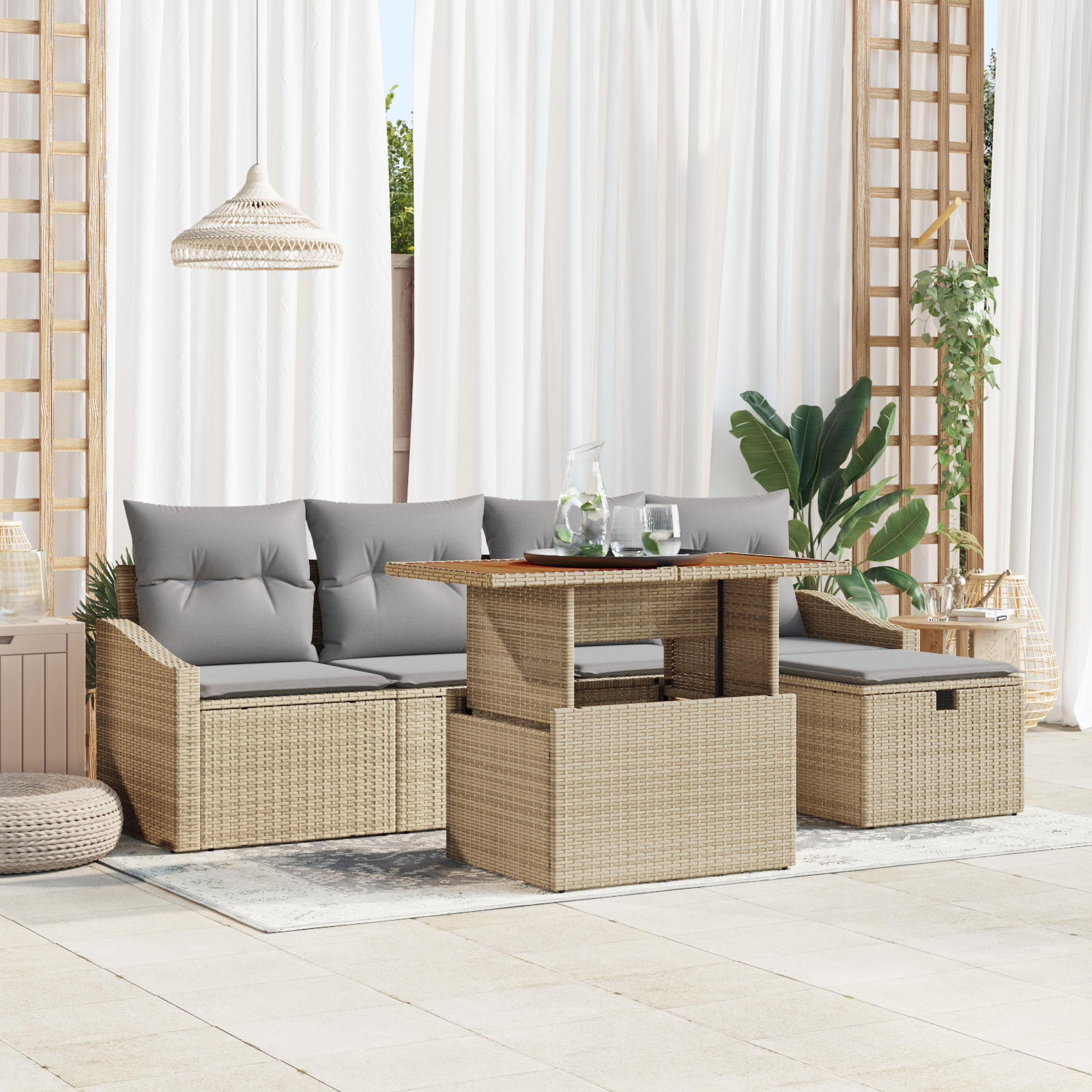 Set Sofa da Giardino a 6 Pezzi con Cuscini Beige Rattan Sintetico 2104676