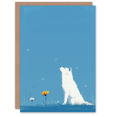 Geburtstagskarte schlicht weiß Husky Hund Blume blau Himmel süß Grußkarte