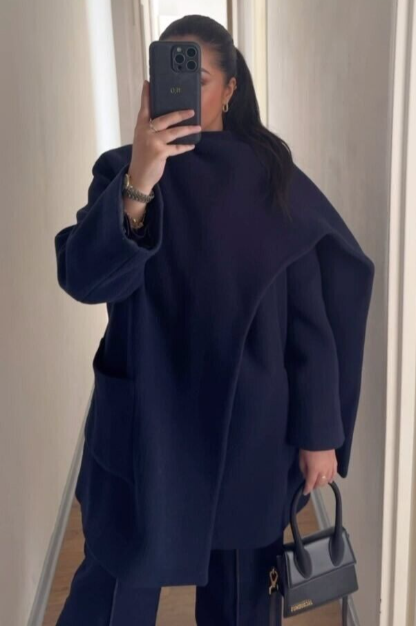 ZARA ZW COLLECTION ウールスカーフ付きコート L ネイビー Zara ZW Collection Wool Blend Scarf Coat Navy Blue Size XS