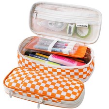 Checkered Pencil Pouch Zipper Case Teens Girls Student Back To School Orange