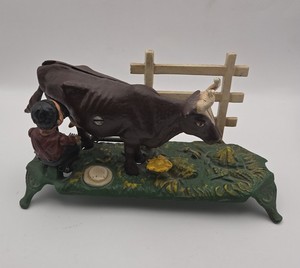 Repro of Boy Milking Cow The Book of Knowledge Cast Iron Piggy Coin Bank - DS31