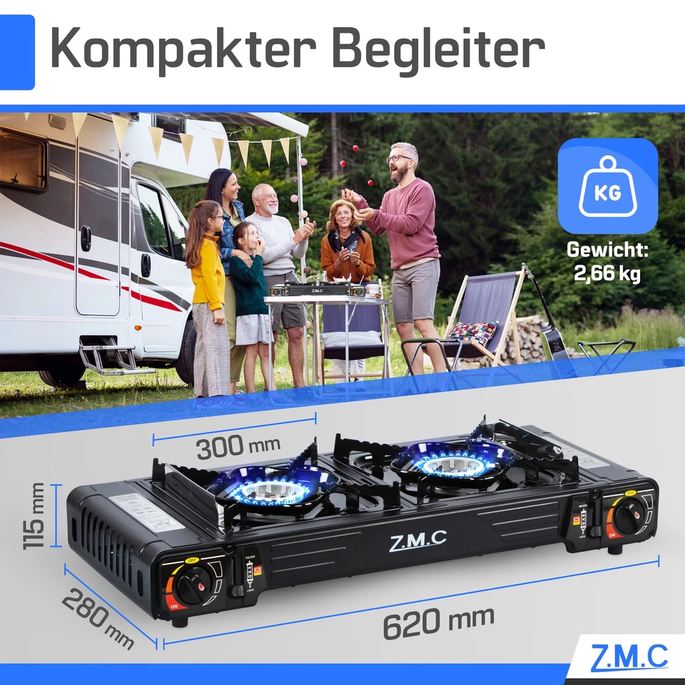 PREMIUM 2 flammig Campingkocher Outdoor Gaskocher Grillplatte +4x Gaskartusche - Bild 2 von 4