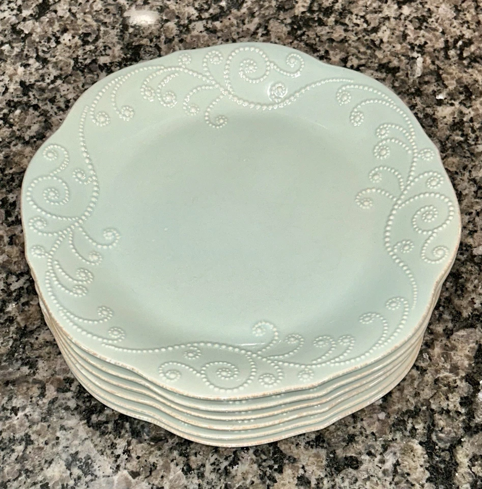 Lenox French Perle Ice Blue Dinnerware Set 27Pc Embossed Scroll Scalloped Edge - Image 3 of 4