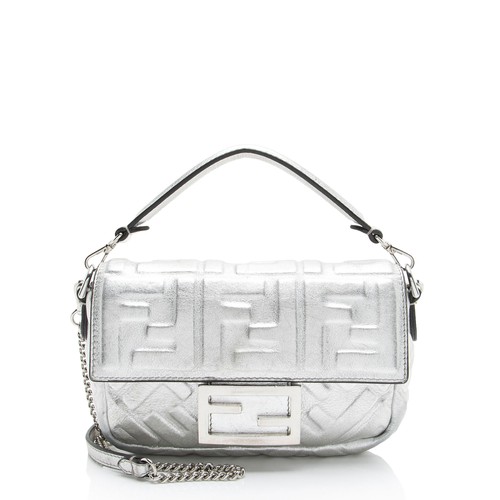 Fendi FF Embossed Metallic Leather Baguette Mini Shoulder Bag